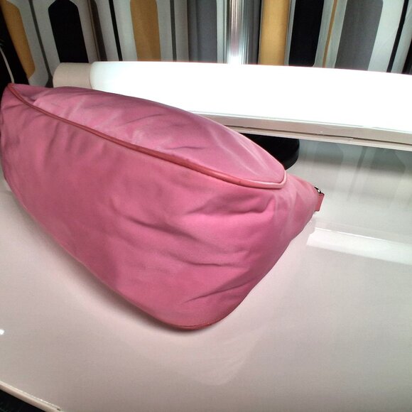 Vintage Prada Hobo Handbag Bubblegum Pink Nylon with Leather Trim Small Size - Picture 7 of 13